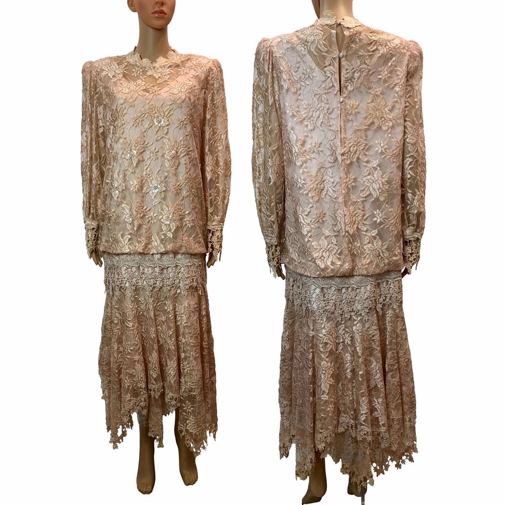 Vintage 80s Lace Bridal Dress Champagne Romantic Victorian Drop Waist - Picture 5 of 14